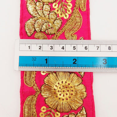 Fuchsia Pink Art Silk Trim In Gold Floral Embroidery, Gold Embroidered Flowers Border, Floral Trim